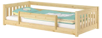 Produktbild von Niedriges Kinderbett Bodenbett 90x200 Kiefer massiv Zubehör wählbar V-60.28-09mit Kindersicherung und Rollrost inkl.