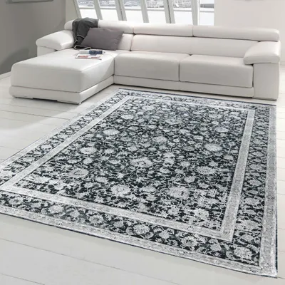 Image de Tapis moderne salon design floral oriental gris sur fond noir Taille - 160x230 cm
