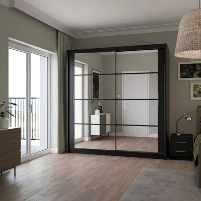 Produktbild von Krudox PRDK 203 cm Schwarz Schwebetürenschrank Mit Spiegel Kleiderschrank Für Wohnzimmer Mit 2 Kleiderstangen Farben: Weiss/Schwarz/Graphit