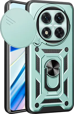 A protective phone case with a ring stand and camera cover.