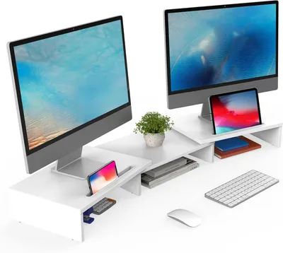 Zdjęcie produktu dla Podwyższenie monitora - Biurko oszczędzające miejsce - Wygodna praca - Regulowana wysokość - Do 111 cm - Białe