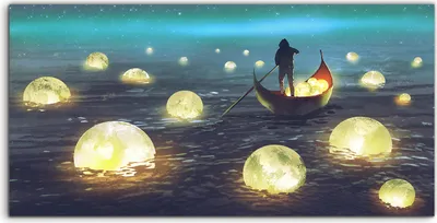 Produktbild von Coloray - Glasbild - 120x60 cm - Wandbild - Glasbilder - Deko Malerei Nacht Wasser Boot Monde