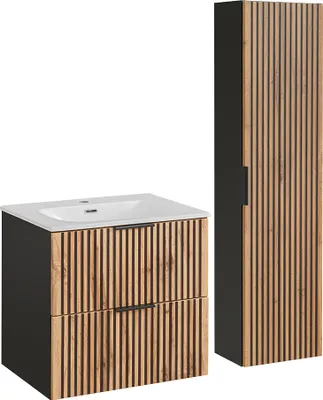 Produktbild von Waschtisch und Hängesäule 60.2cm Gaia mit 2 Schubladen, Eichenoptik und Schwarz