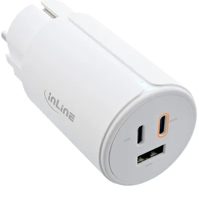 Produktbild von InLine USB PD Netzteil, GaN Ladegerät, 3-Port, Dual USB-C + USB-A, 65W, weiß, Drinnen, AC, 20 V, 5 A, Weiß
