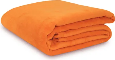 A folded orange blanket on a white background.