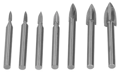 Imagen del producto de Juego de 7 brocas para grabado – Vástago de 6 mm – 3 filos – Diferentes tamaños de cabeza – Para tallado en madera – Adecuadas para acrílico – Para fresado