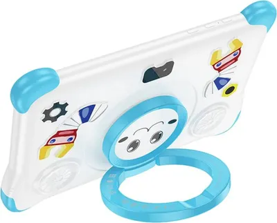 The back of a white children's tablet with blue accents and cartoonish robot stickers. It has a blue ring stand attached.
