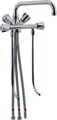 A chrome-plated faucet with two handles and flexible hoses, shown against a white background.