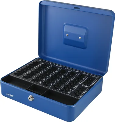 Geldkassette mit Euro-Münzzählbrett von HMF mit 30 cm Breite in Blau