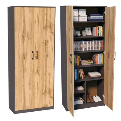 Image de Armoire polyvalente à 8 compartiments Armoire à balais Armoire ménagère finition mate avec 6 étagères et 2 portes chêne graphite
