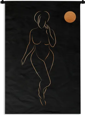Produktbild von MuchoWow® Wandteppich Wandbehang Frau - Mond - Schwarz und Gold - Strichzeichnung 90x135 cm Tapisserie Dekoration Wandtuch - Baumwolle - Wandskulptur