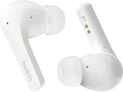 A pair of white wireless earbuds with their stems pointing upwards, displayed against a white background.