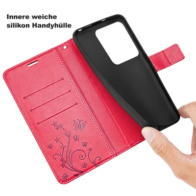 Produktbild von Hülle Xiaomi 14 Handy Tasche Handyhülle Wallet Case Flip Cover Blumen Klapphülle Rot