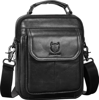 Produktbild von Herren-Umhängetasche, Umhängetasche aus echtem Leder, Retro-Umhängetasche, multifunktionaler Wirbelsäulenschutz und kratzfest, 19,5x8x24cm, schwarz