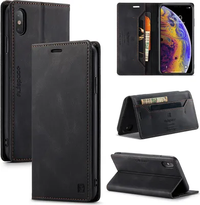 Produktbild von iPhone XS Max Brieftasche Hülle, Retro Kunstledertasche Stand Schutzhülle für iPhone XS Max Schwarz