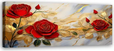 Produktbild von Leinwandbild Rosen Goldene Blumen Marmorhintergrund 150x50 Feeby Rot bild für die wand bereit zum aufhängen