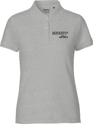 Produktbild von Huuraa Damen Polo Shirt Backpacker mit Herz M Sport Grey Bio Baumwolle Fairtrade Poloshirt Geschenkidee
