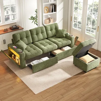 Immagine prodotto di Divano modulare multifunzionale in chenille, divano a 3 posti imbottito con porta USB-C, illuminazione LED, portabicchieri e spazio contenitivo, divano angolare moderno, verde