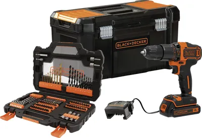 Produktbild von BLACK & DECKER Akku-Schlagbohrschrauber 18V 2-Gang, mit 104-teilig Zubehör + Koffer