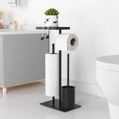 Produktbild von Klopapierhalter Stehend mit Klobürste - Edelstahl Toilettenpapierhalter mit Tablett und WC Bürste, Freistehender Toilettenpapierhalter