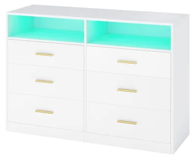 Obrázek produktu pro Moderní komoda s LED osvětlením a nabíjecí stanicí, 6 zásuvek | Bílá | 119 x 40 x 81,2 cm