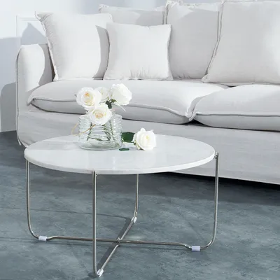 Produktbild von cagü: Design Couchtisch [FLORENTIN] Weiß Marmor mit Silber Gestell 62cm Ø Rund