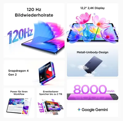 Produktbild von TCL TAB A1 Plus Tablet 12,2" 2,4K 120Hz 128GB 6GB 8000mAh Android 16 Flipcase T-Pen