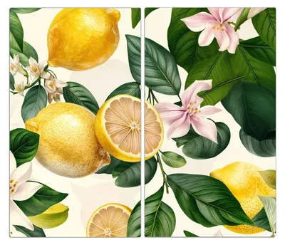 Produktbild von Spritzschutz Herdabdeckplatte Schneidebrett aus Glas Zitronenblumen 2-Teilig (60x52cm)