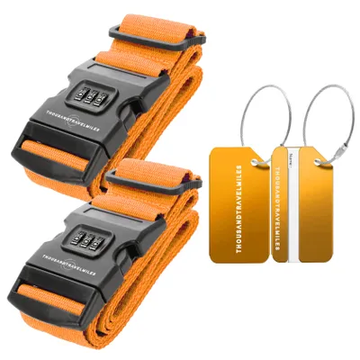 Produktbild von Koffergurt & Gepäckanhänger Set 4-teilig – Kofferband mit Zahlenschloss + Aluminium Adressanhänger Orange Thousandtravelmiles