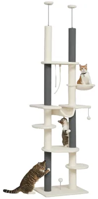 Produktbild von Kratzbaum deckenhoch verstellbar 225-255 cm Plüschbezug 2 Hängematten Plattformen Kratzstämme Kippschutz Spielzeug WeiØ 60 x 44 cm bis 5 kg