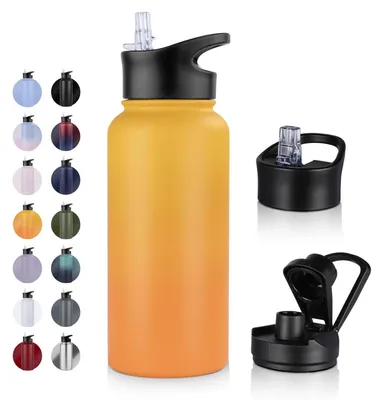 Produktbild von Edelstahl Trinkflasche 1L mit Strohhalm, Auslaufsicher, Thermosflasche, Orange