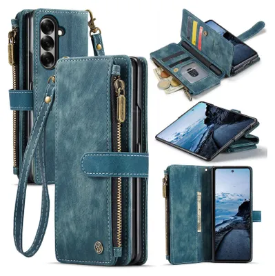 Image de Etui en cuir pour Samsung Galaxy Z Fold 7, étui en cuirPolyuréthaneà fermeture magnétique, pochette pour cartes, support, étui portefeuille Bleu