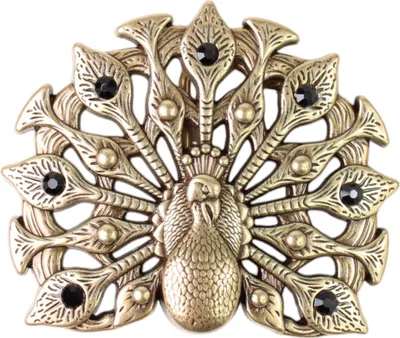 Produktbild von FRONHOFER Gürtelschnalle Pfau, messingfarben, schwarze Strass Steine, 4 cm