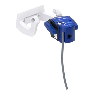 A white mounting bracket with a blue water filter head attached, and a gray cable hanging down.