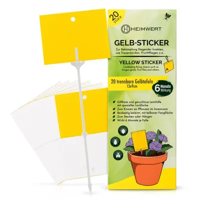 Produktbild von Heimwert Gelbsticker XXL - wirksam Trauermücken bekämpfen - 6 Monate Langzeit Gelbtafeln, teilbar, mit 20 XXL Erdspießen und 20 Bindedrähten zum Aufhängen I Gegen Frucht Fliegen Blattläuse