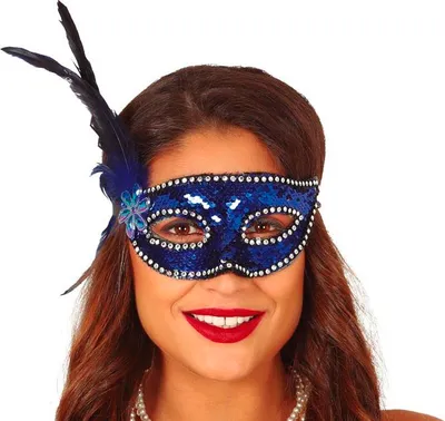 Immagine prodotto di Carnevale Venezia Maschera Piuma Fiore Paillettes Rosso Costume Masquerade Adulto Masquerade Ball Dress Up Party Carnevale Eleganza Glamour Vintage Ball Night Anonimato Teatro Rosso Sparkle, Colore: Blu