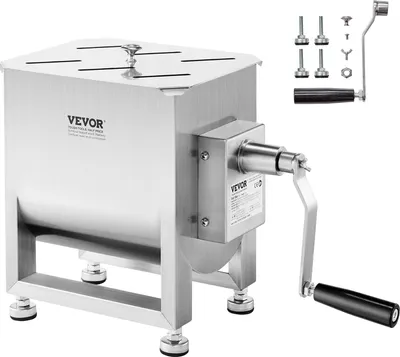 A stainless steel meat grinder with a crank handle and a set of accessories.