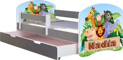 Produktbild von ACMA Jugendbett Kinderbett Junior-Bett Komplett-Set mit Matratze Lattenrost und Rausfallschutz Grau 02 Animals Name 160x80 + Bettkasten