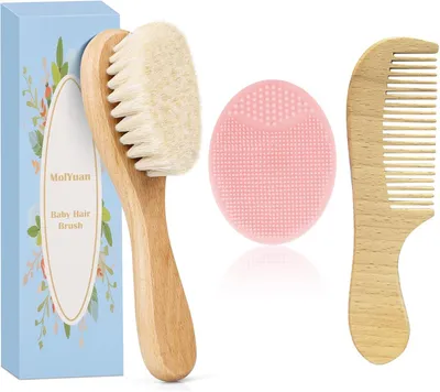 Immagine prodotto di 3 spazzole e pettini per neonati e bambini piccoli, con setole in capra e setole in silicone (spazzola in silicone rosa)