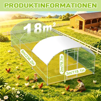 Produktbild von ROSEJANE Bogen-Hühnergehege 3 x 6 x 2 m, Hühnerauslauf mit verzinktem Stahlrahmen, PVC-beschichtetem Drahtgitter und UV-beständigem PE-Dach, abschließbare Tür, für Hühner, Enten, Gänse und Kaninchen