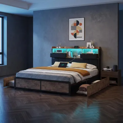Produktbild von INONEFT Jugendbett Metallbett 140x200cm mit 4 Schubladen, Doppelbett Stauraumbett mit Led und Steckdose, Stauraum Kopfteil, PU, Schwarz