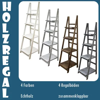Produktbild von Regal Leiterregal Holz Wandregal Bücherregal für Küche Wohnzimmer Badezimmer Modern 4 x Ablagen Deko Bilderrahmen Pflanzen in 4 verschiedene Farben Kingpower, Farbe:Antik-Weiß