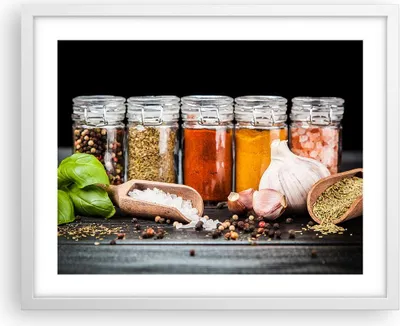 Produktbild von Gerahmtes Poster - Weißer Rahmen - Gewürze Knoblauch Holz Salz - 50x40 cm - Wand Bild - Wanddeko - Wandbilder - Wandposter - Bilderrahmen - Bilder - Kunstdruck - Wandbild - P2WAA50x40-2896