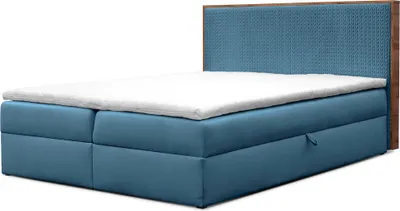 Produktbild von Boxspringbett FOREST mit Bettk sten und Topper Polsterbett elegante Kopfst tze Bett mit Karomusterpr gung Doppelbett mit Matratze Stauraum Schlafzimmer Schlafzimmerm bel (160x200 Kobalt)
