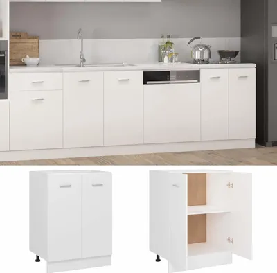 A white kitchen cabinet unit with a sink and appliances, and two separate views of a white cabinet.