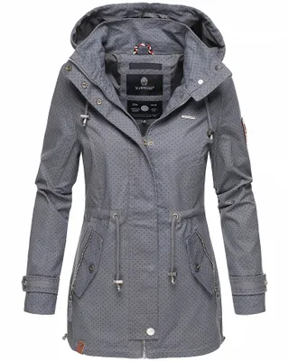 Produktbild von Marikoo Nyokoo Damen Herbst Übergangsjacke mit Kapuze Jacke Parka Frühling Dunkelgrau mit Print Gr. 36 - S
