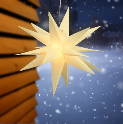 Produktbild von 3D adventní hvězda s 15 LED diodami v teplé bílé barvě - 35 cm - venkovní vánoční závěsná dekorace do okna pro venkovní použití s časovačem na baterie