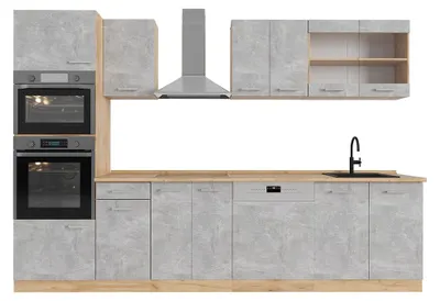 Image de Cuisine Vicco R-Line Béton/force d'or Chêne 300cm avec armoire haute, sans PT, Model 53640