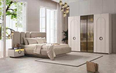 Produktbild von Schlafzimmer Bett 2x Nachttische  Kleiderschrank Hochwertig Möbel Beige