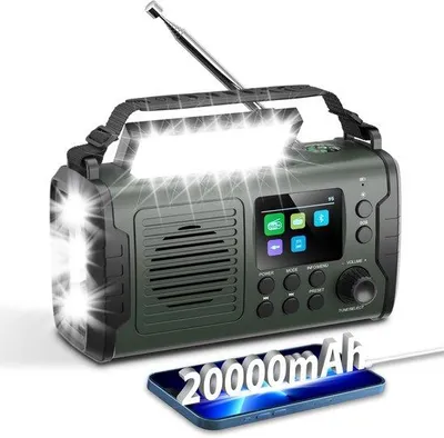 Zdjęcie produktu dla Ibenzoa® Przenośne radio awaryjne 20 000 mAh – DAB i FM, Bluetooth, zasilanie słoneczne i USB-C, korba ręczna, alarm SOS, latarka LED, powerbank, klasa ochrony IP53, wyświetlacz TFT 2,0 cala